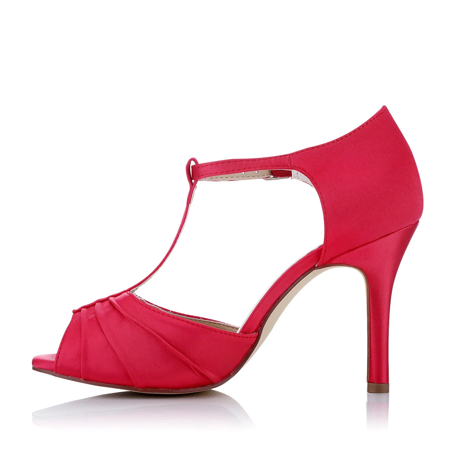 Women's Bridal Shoes 3.5" Peep Toe High Heel T-Strap Ruffles Satin Pumps Wedding Shoes
