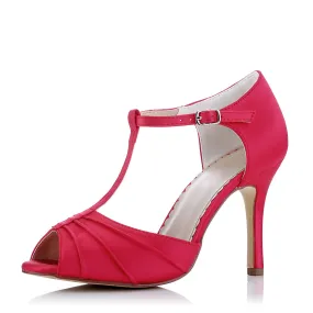 Women's Bridal Shoes 3.5" Peep Toe High Heel T-Strap Ruffles Satin Pumps Wedding Shoes