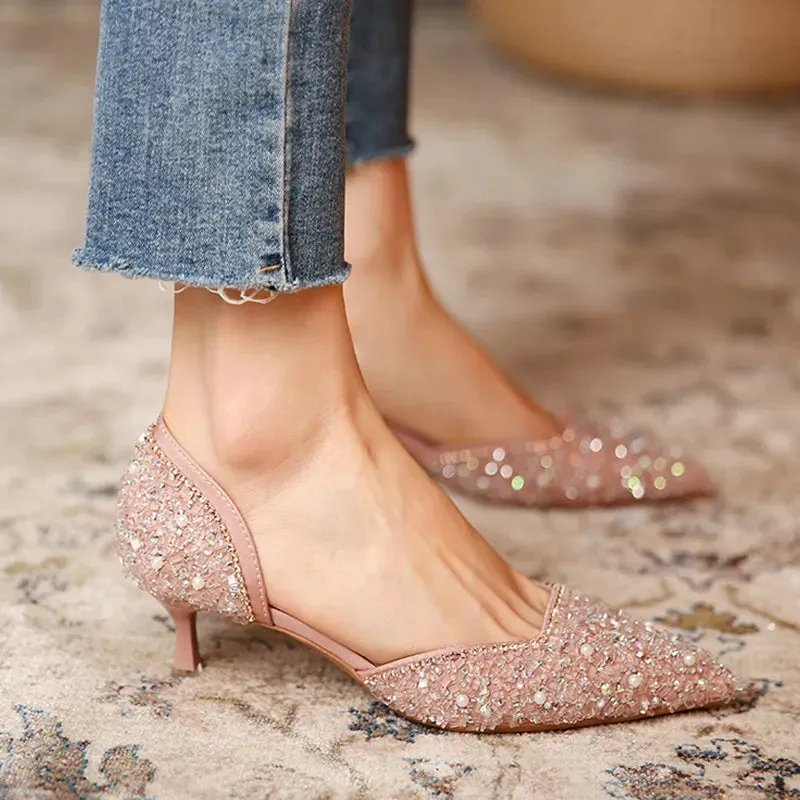 Women's Crystal Pointed Toe Medium Heel Pumps