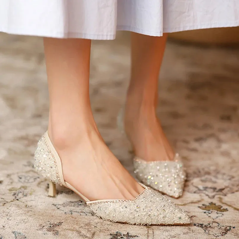 Women's Crystal Pointed Toe Medium Heel Pumps