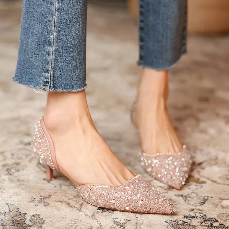 Women's Crystal Pointed Toe Medium Heel Pumps