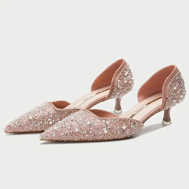 Women's Crystal Pointed Toe Medium Heel Pumps