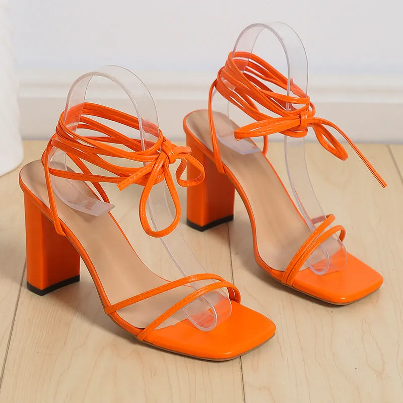 Women’s Lace Up Strappy Sandals with Chunky High Heel and Square Toe in 3 Colors