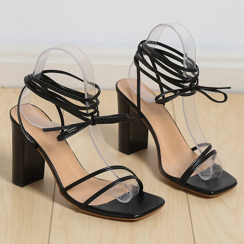 Women’s Lace Up Strappy Sandals with Chunky High Heel and Square Toe in 3 Colors