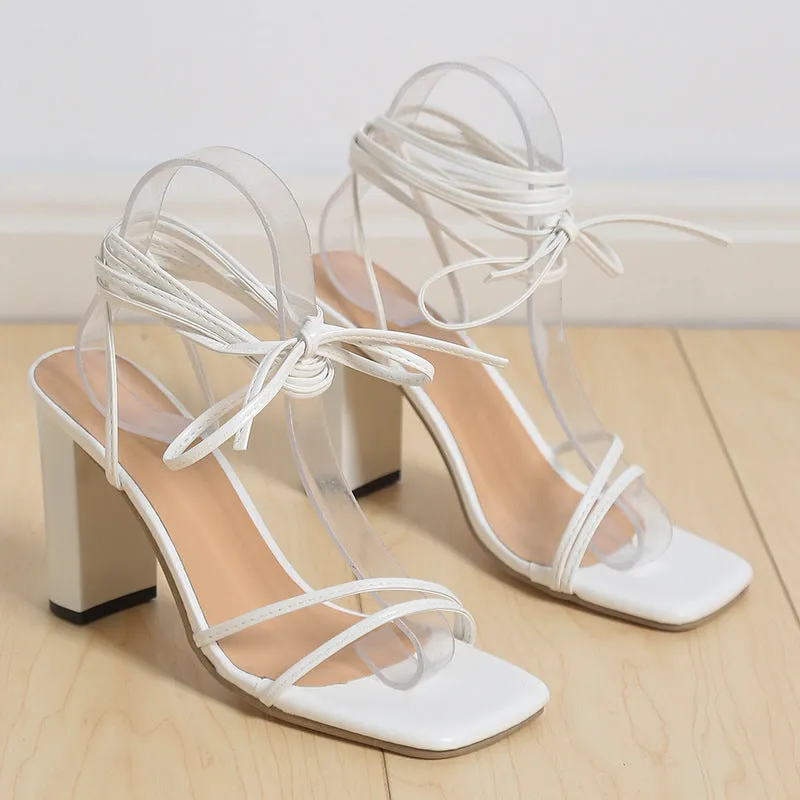 Women’s Lace Up Strappy Sandals with Chunky High Heel and Square Toe in 3 Colors