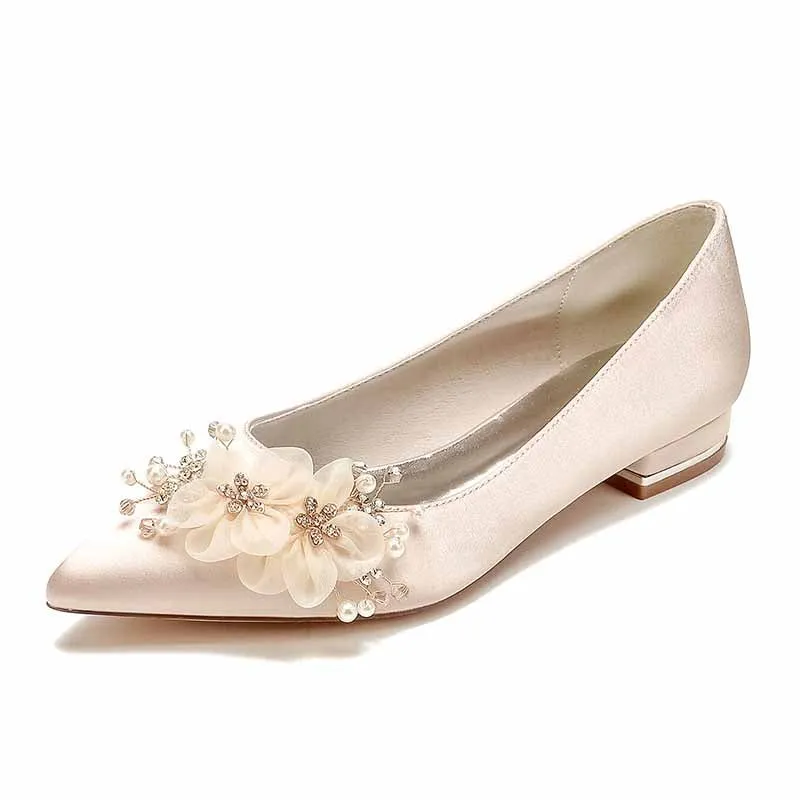 Women's Wedding Shoes Satin Point Toe Wedding Flats Bridal Shoes Flower Pearl Rhinestone