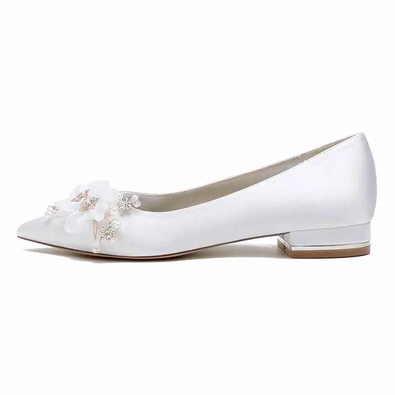 Women's Wedding Shoes Satin Point Toe Wedding Flats Bridal Shoes Flower Pearl Rhinestone