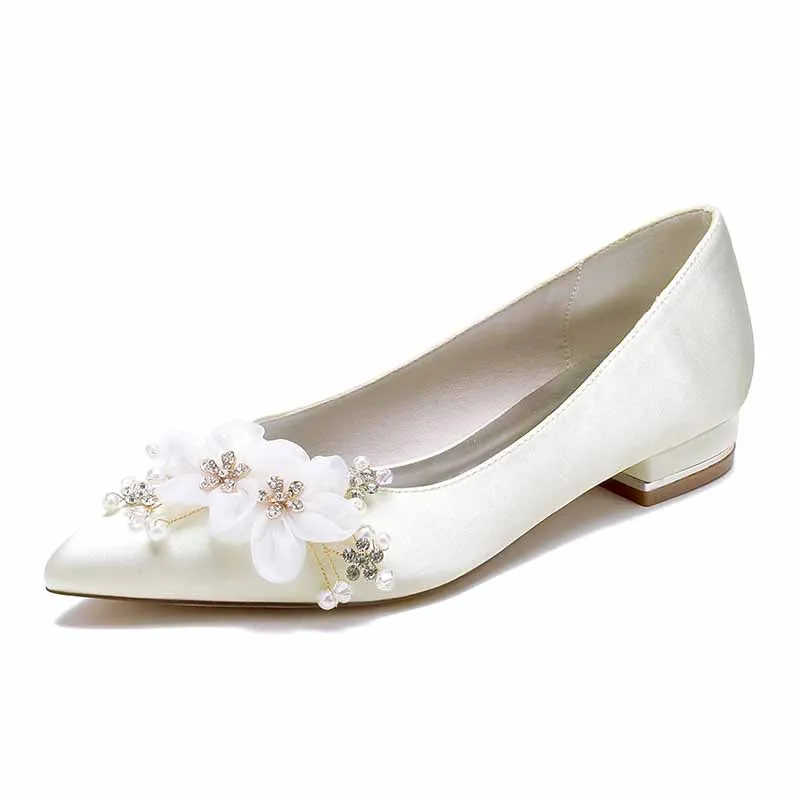 Women's Wedding Shoes Satin Point Toe Wedding Flats Bridal Shoes Flower Pearl Rhinestone