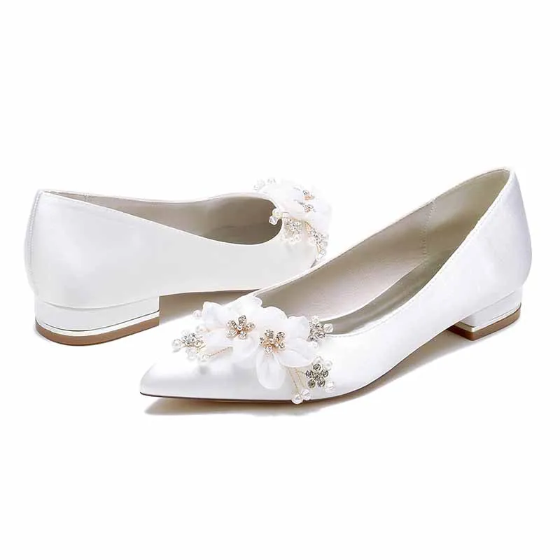 Women's Wedding Shoes Satin Point Toe Wedding Flats Bridal Shoes Flower Pearl Rhinestone