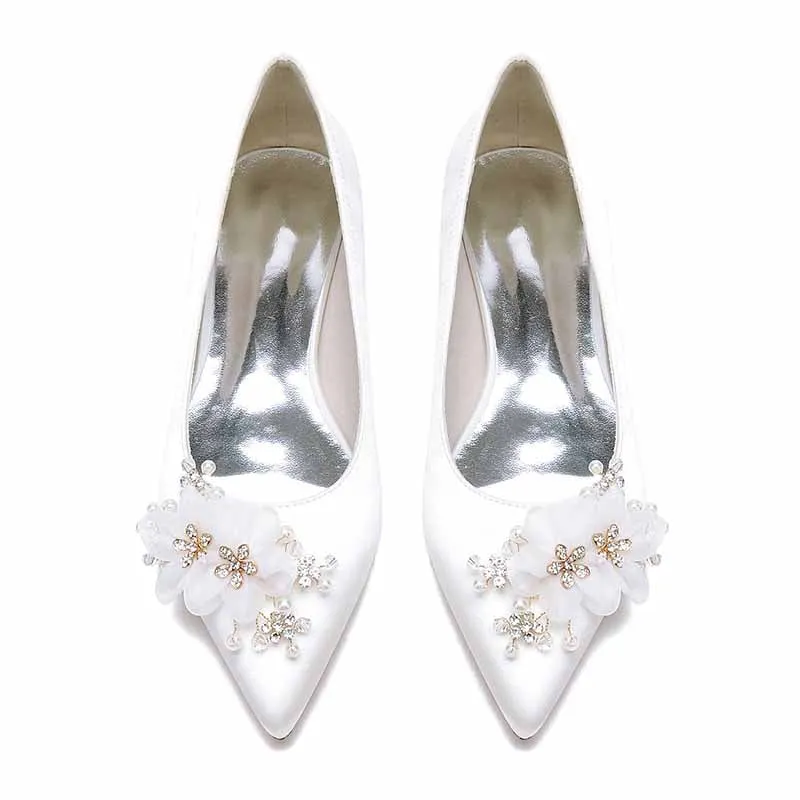 Women's Wedding Shoes Satin Point Toe Wedding Flats Bridal Shoes Flower Pearl Rhinestone