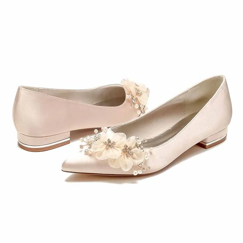 Women's Wedding Shoes Satin Point Toe Wedding Flats Bridal Shoes Flower Pearl Rhinestone