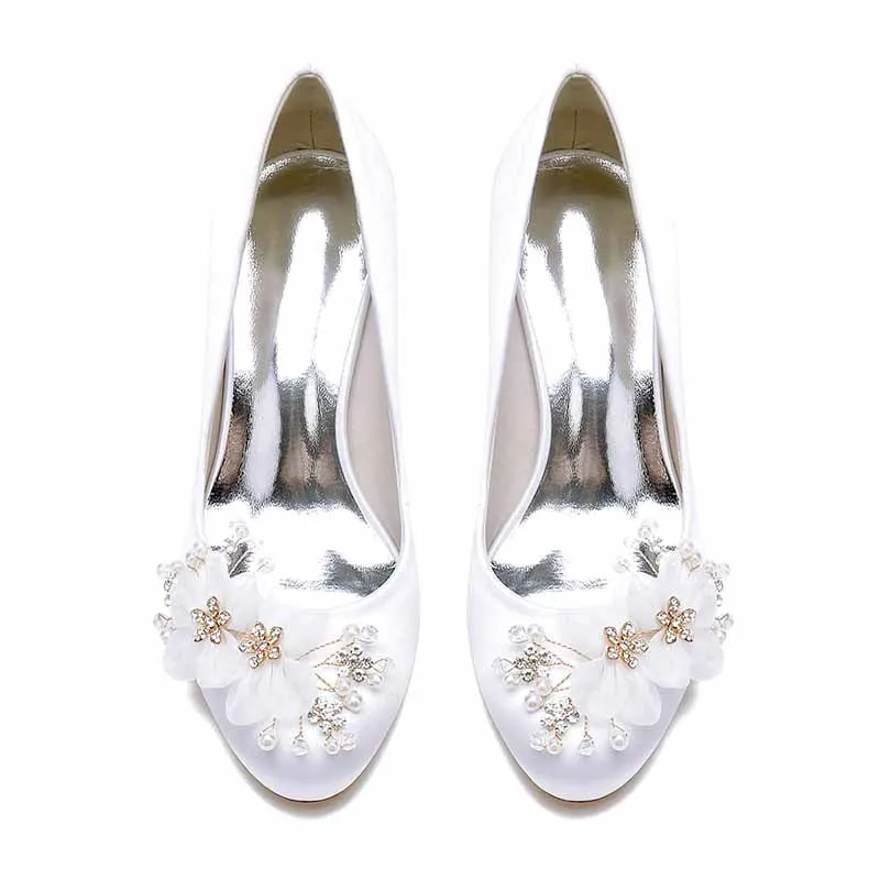 Women's Wedding Shoes Satin Point Toe Wedding Low Heel Bridal Shoes Flower Pearl Rhinestone